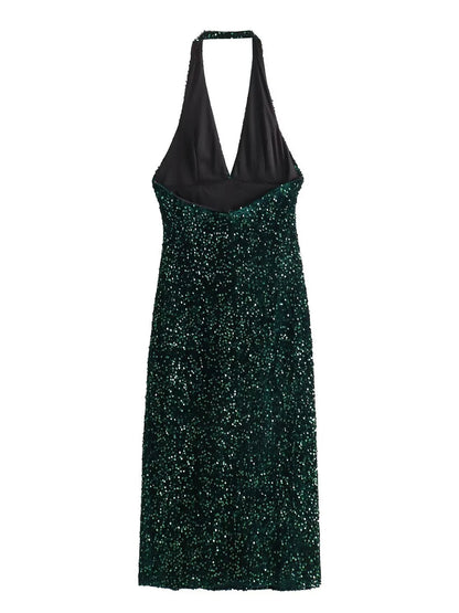 Sequined Bodycon Split Midi Dress for Backless Sleeveless Halter Slim Long Vestidos Spring Club Party Dresses