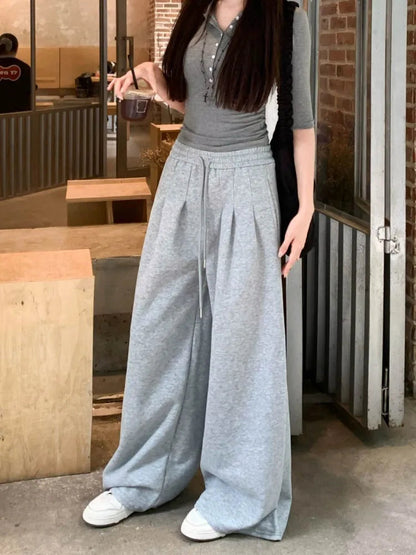Gray High Waist Wide Sweatpants American Retro Y2k Harajuku Hip Hop Oversized Sports Pants Autumn