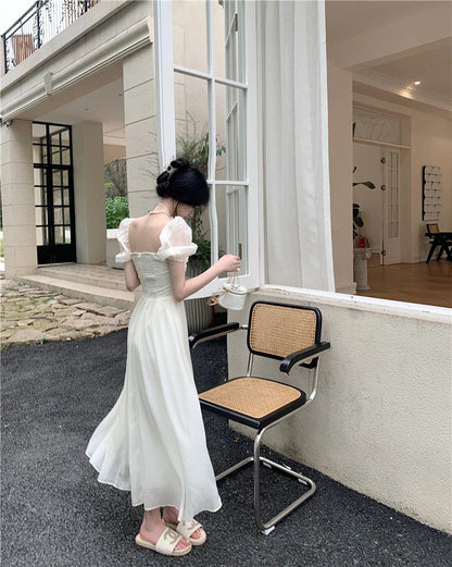 Summer Halter Midi Dress Female Chiffon Square Neck Party One Pieces Dresses French New Vestidos Robe