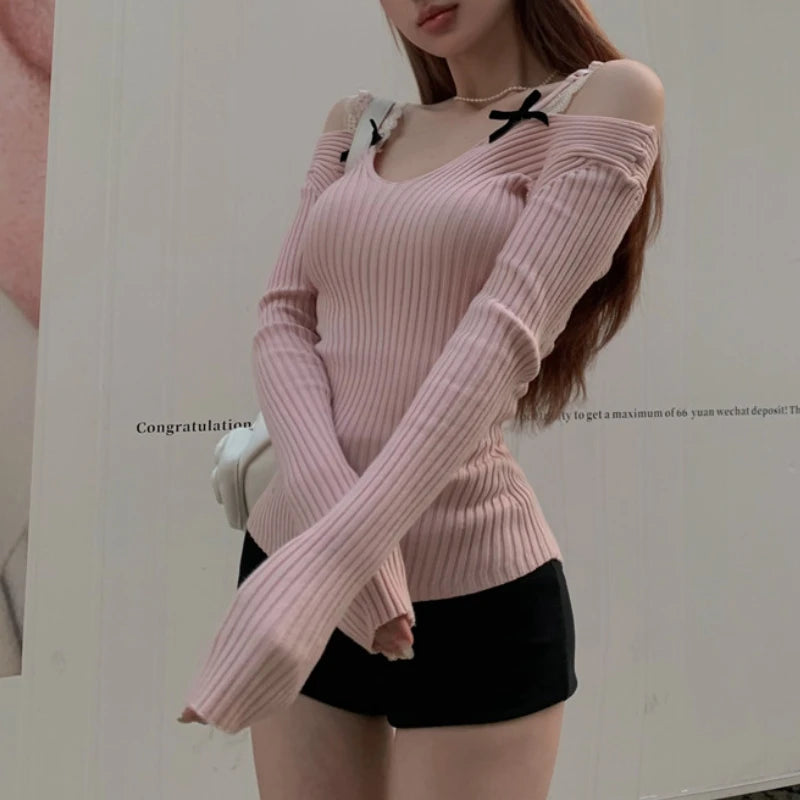 Twopiece Strapless Bow Longsleeved Sweater Spring New Korean Contrast Color Lace Splicing Knitted Tops
