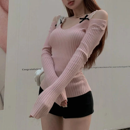Twopiece Strapless Bow Longsleeved Sweater Spring New Korean Contrast Color Lace Splicing Knitted Tops