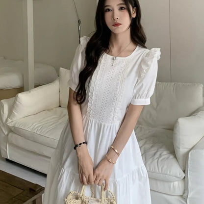 White Long Dresses Puff Sleeve Spring Summer Vestidos Mujer Korean Ruffles Sweet Dress