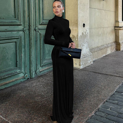 Turtleneck Long Sleeve Maxi Dress Gown Autumn Winter New Long Dress Femme Floor-length Dress