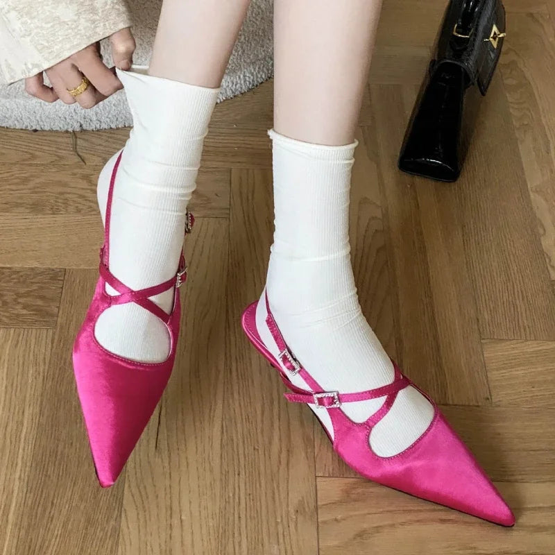 Silk Designer High Heeled Sandals Narrow Band Shallow Low Heel Office Shoes Female Pointed Toe Pumps Brand Slingback