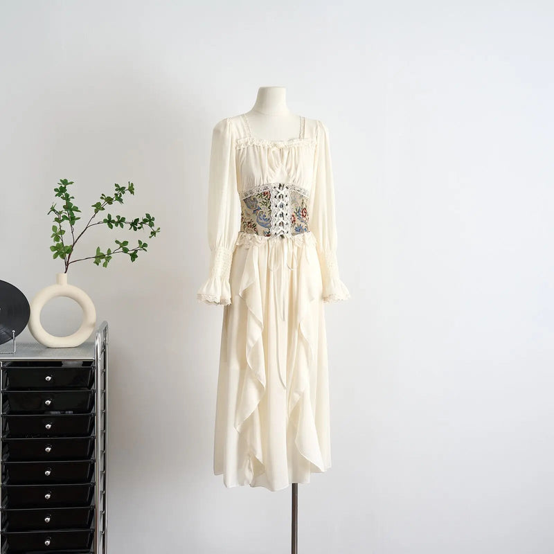 Midi Dresses for With Wide Corset Belt Ruffles French Party Dress Birthday Prom Robe Vestido