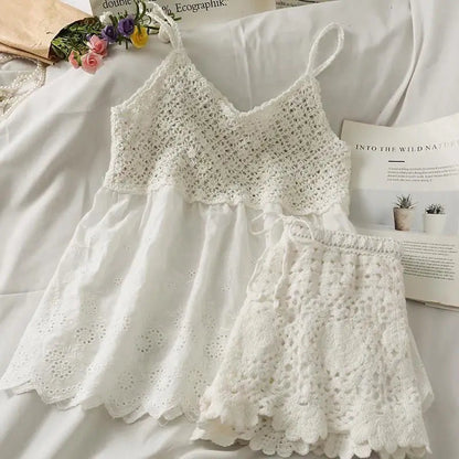 Summer Style Hollow Lace Hook Flower Vneck Camisole Tank Top Shorts Slimming Two Piece Sets Outfits