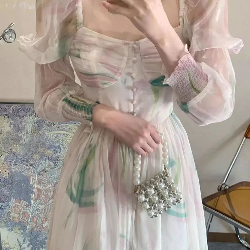 Chiffon Dresses Puff Sleeve Spring Summer Print Vestidos Mujer French Style Sweet Long Dress