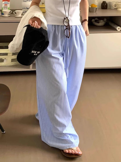 Korean Summer Age Reducing Temperament Elastic Waist Drawstring Loose Versatile Striped Pants Floor
