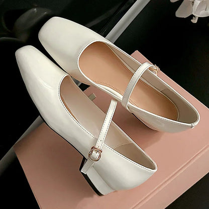 Spring Patent Leather Square Toe Buckle Strap Pumps Sandals Low Heels Party Dress Shoes