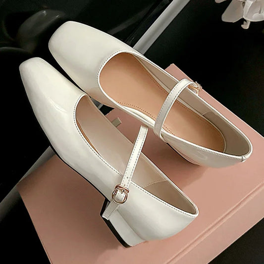 Spring Patent Leather Square Toe Buckle Strap Pumps Sandals Low Heels Party Dress Shoes
