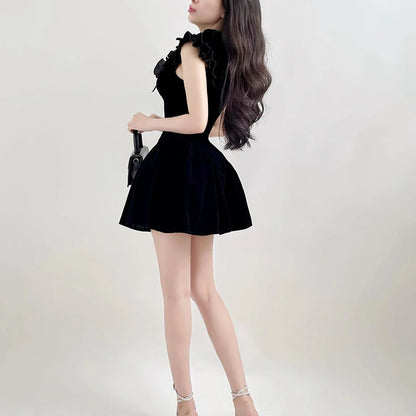 Flying Sleeve Aline Velvet Dress Black Sweet Japanese Style Sleeveless Princess Mini Dresses for Party Holiday
