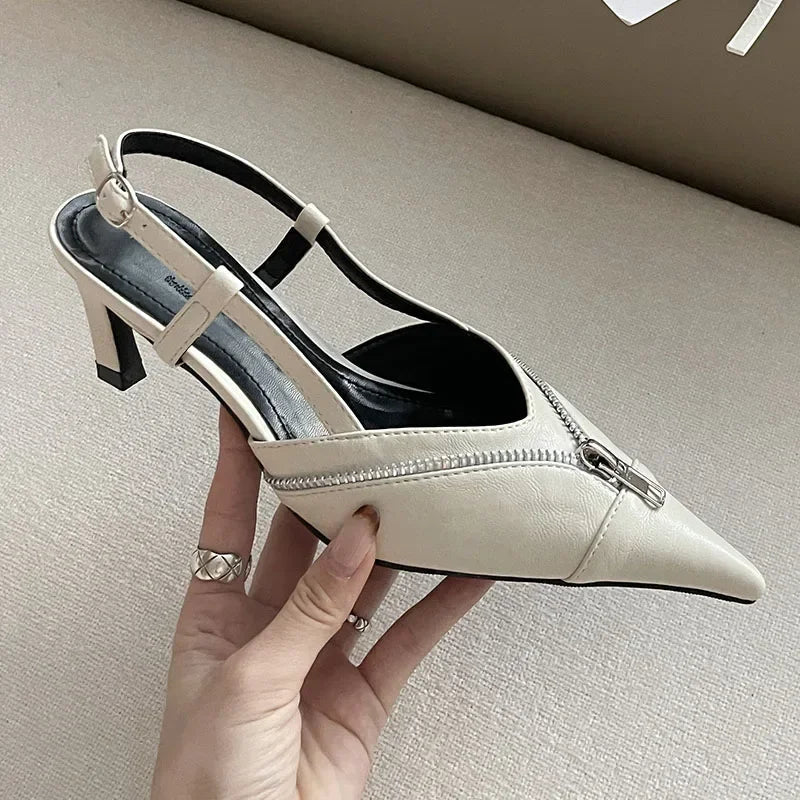 Pointed Toe Mules Pump Zip Design Slingbacks High Heels Female Footwear Summer Brand Shoes