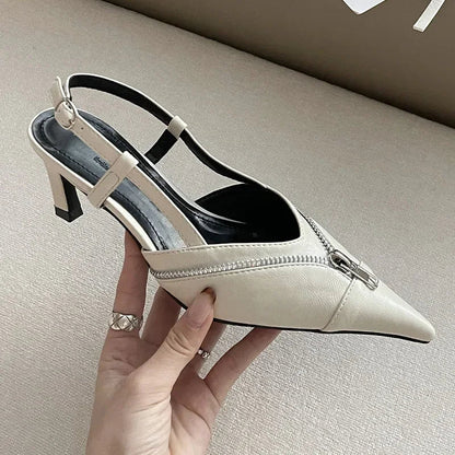 Pointed Toe Mules Pump Zip Design Slingbacks High Heels Female Footwear Summer Brand Shoes