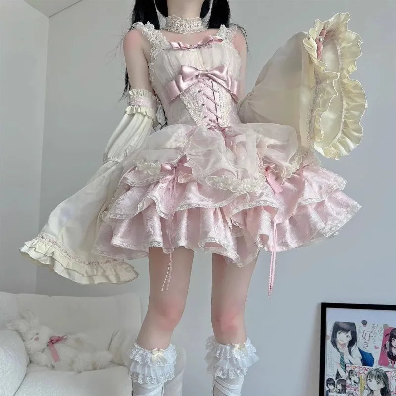 Japanese Sweet Lolita Jsk Dress Gothic Y2k Bow Lace Ruffles Evening Party Mini Dresses Harajuku Kawaii Black Vestidos