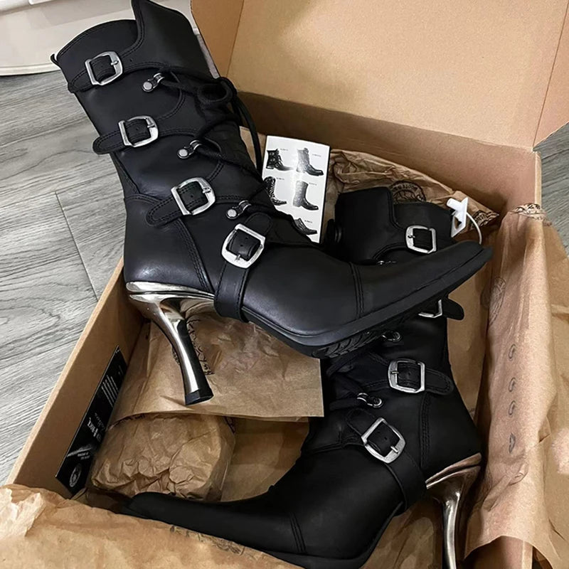 Punk Mid Calf Boots Pointed Toe Metal Stiletto Heels Belt Buckle Detail Lace Up Rubber Sole Cowboy Cool Girl Shoes