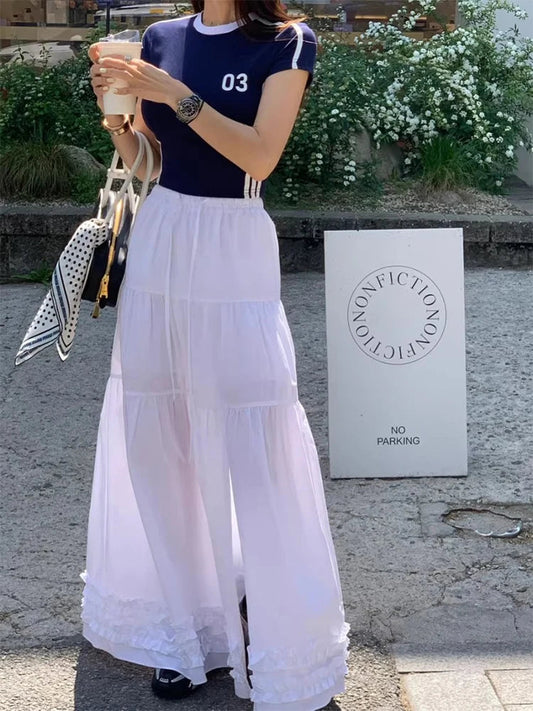 French Style Patchwork Mushroom Edge Split Skirt Summer New Versatile and Personalized Aline Long Skirts