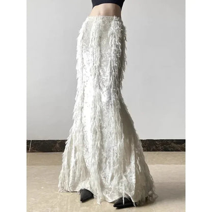Korean High Waist Color Allmatch Midlength Skirt Winter New Tassel Stitching Aline Skirt