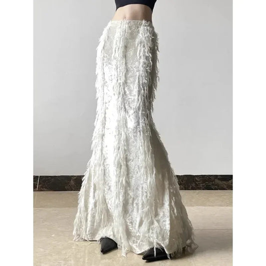 Korean High Waist Color Allmatch Midlength Skirt Winter New Tassel Stitching Aline Skirt