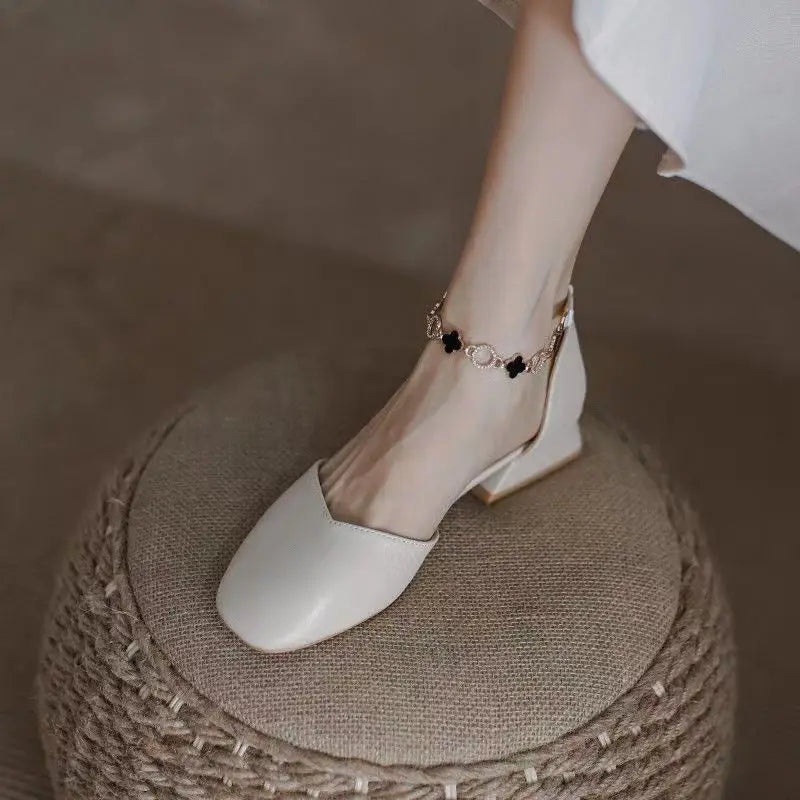 Summer Shoes Pearl Square Heels for Office Work Medium Sandals Woman Footwear H on Offer Designer Original