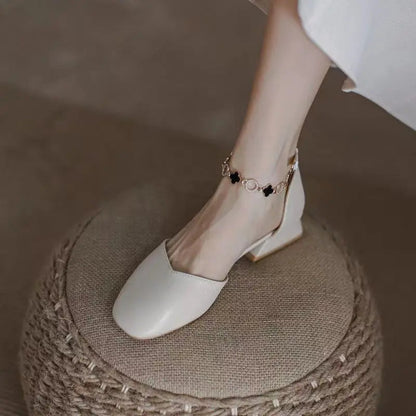Summer Shoes Pearl Square Heels for Office Work Medium Sandals Woman Footwear H on Offer Designer Original