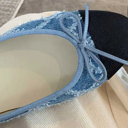 New Designer Blue Jeans Bow Flat Shoes Woman Round Toe Cloth Patchwork Flats Plaid Sewing Moccasins Denim Loafers for