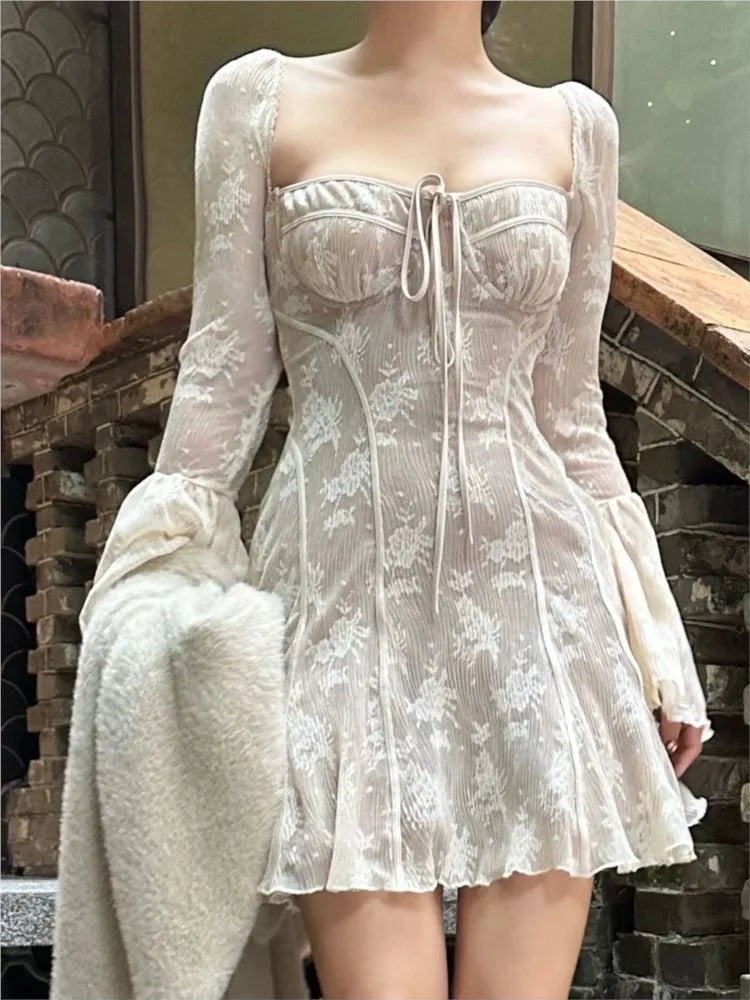 French Lace Mini Dress Y2k Off Shoulder Lace Up Ruffles Aline Autumn Spring Long Sleeve Party Dress Prom Vestidos