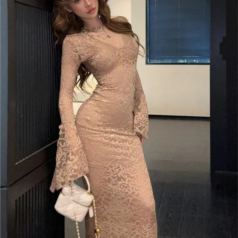 Bodycon Lace Long Dresses for V-neck Flare Sleeves Slim Mermaid Evening Party Dress Club Prom Robe Vestidos