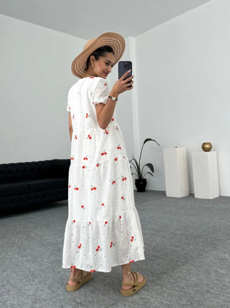 Embroidery Maxi Dresses for Summer Puff Sleeve Slim White Dress Party Club Aline Dress