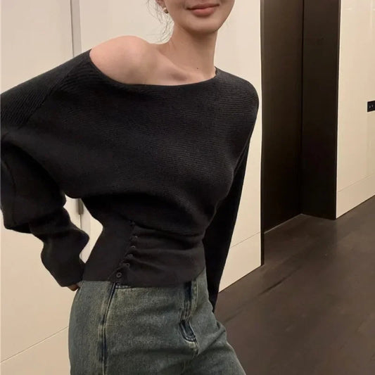 Strapless Color Longsleeved Sweater Autumn New Slant Collar Loose Button Pleated Knitted Tops