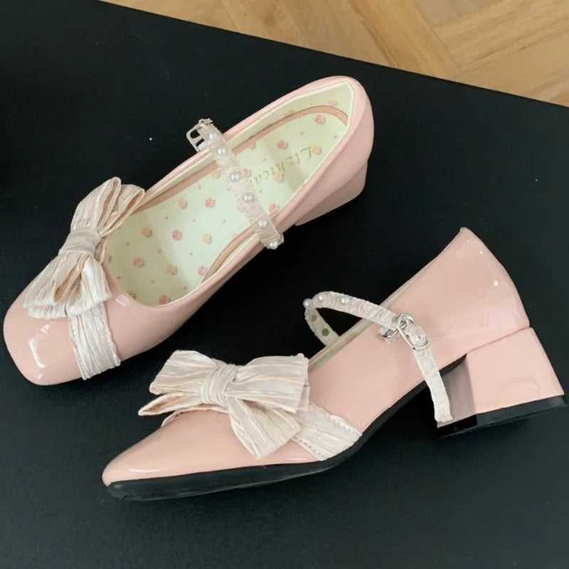 Butterflyknot Sweet Mary Jane Shoes Chunky Dress Shoes Shallow Designer Pumps Buckle Square Toe High Heels