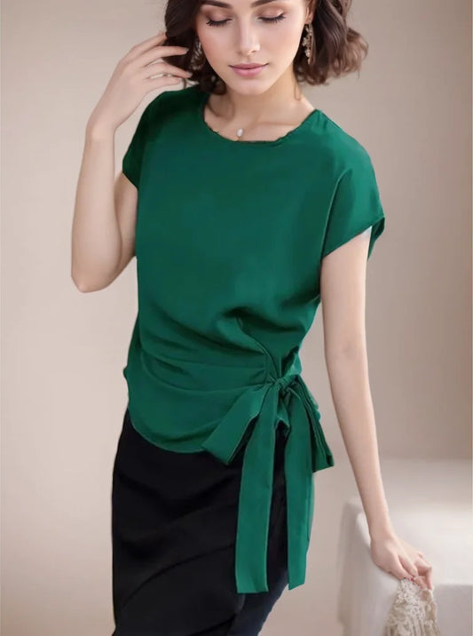 Spring Summer Style Blouses Shirts Lady O-neck Short Sleeve Bow Tie Decor Blusas Tops