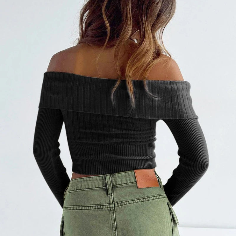 Knitted Slim Sweater Long Sleeve Off the Shoulders Pullovers Female Street Bodycon Sweaters Woman