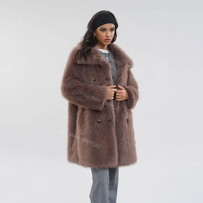 Brand Belted Long Fluffy Faux Fur Coat Winter Thicken Warm Lapel Fox Fur Collar Furry Jacket Overcoat