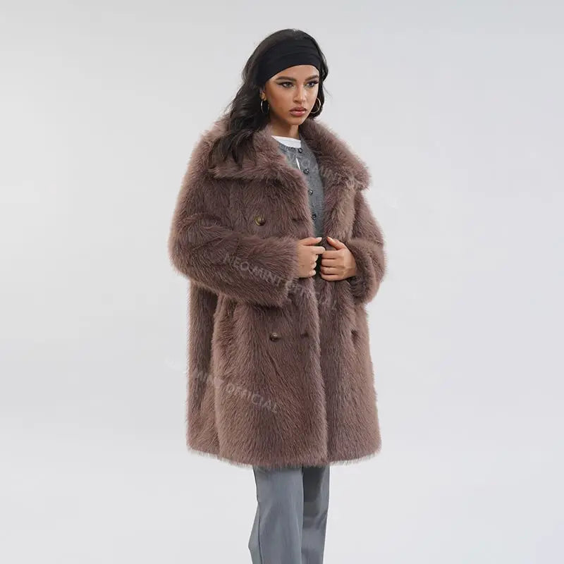 Brand Belted Long Fluffy Faux Fur Coat Winter Thicken Warm Lapel Fox Fur Collar Furry Jacket Overcoat