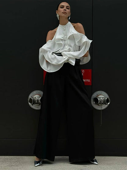 White Ruffle Halter Shirts Loose Hollow Out Single Breasted Blouses Female Autumn High Street Tops