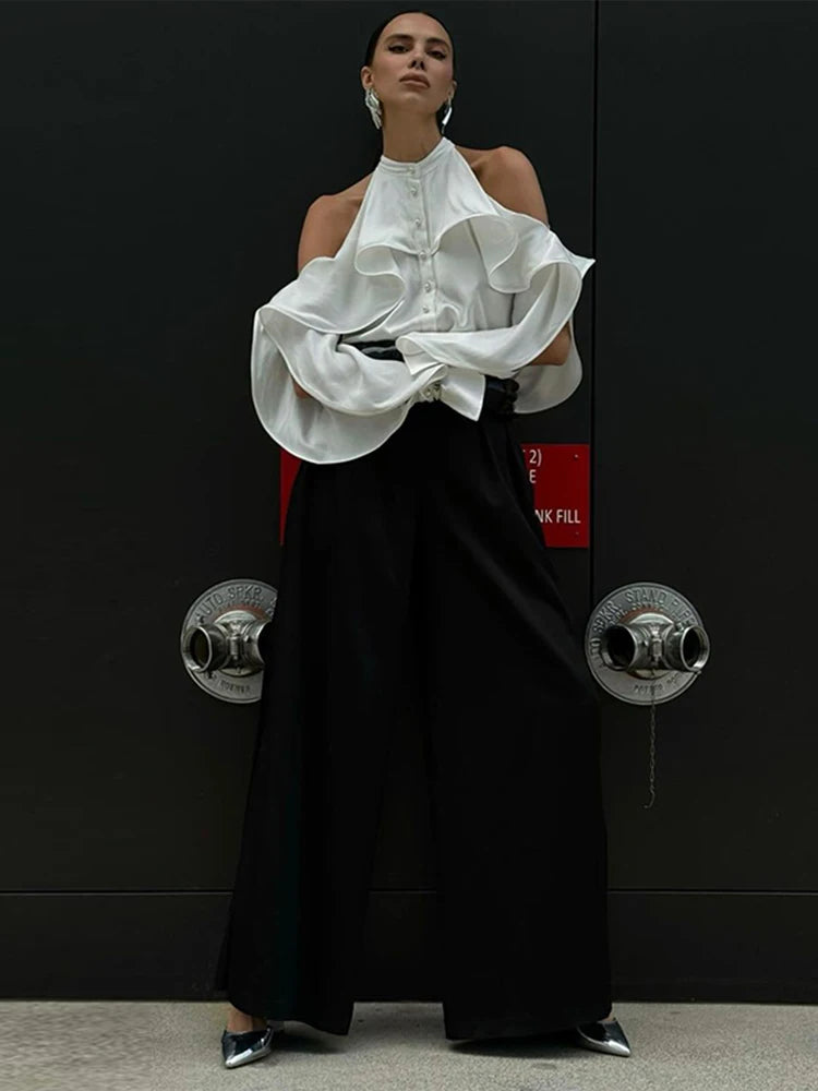 White Ruffle Halter Shirts Loose Hollow Out Single Breasted Blouses Female Autumn High Street Tops