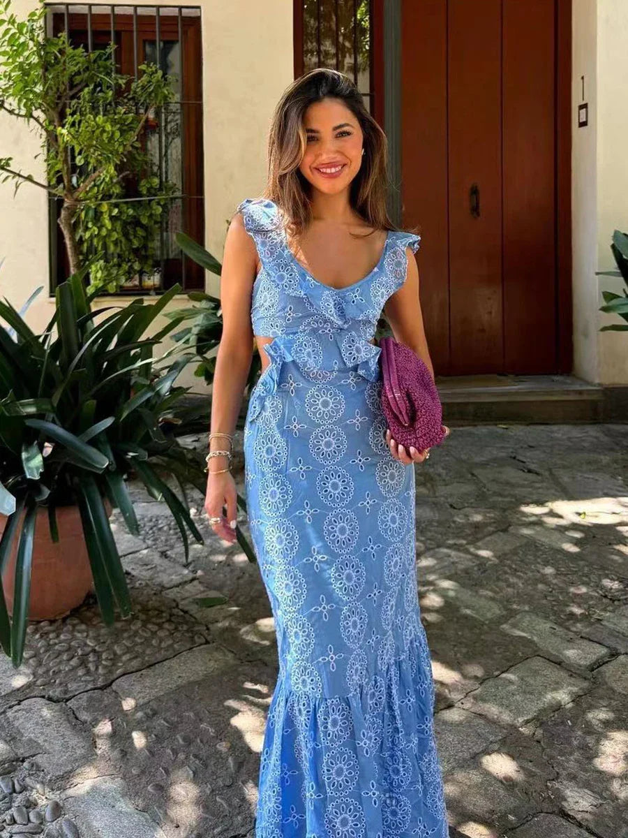 Blue Hollow Out Embroidered Midi Dress Summer New V Neck Sleeveless Ruffle Long Dresses Holiday Vestidos