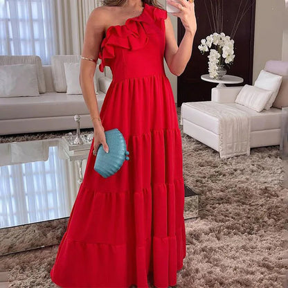 New Hollow Off Shoulder Party Dress High Waist Pleated Holiday Dress Asymmetric Ruffle Beach Long Dress