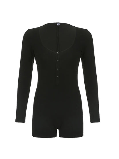Hollow Hook Front Skinny Black Rompers Black O Neck Long Sleeve Autumn Winter Playsuit Basic Baddie Outfits