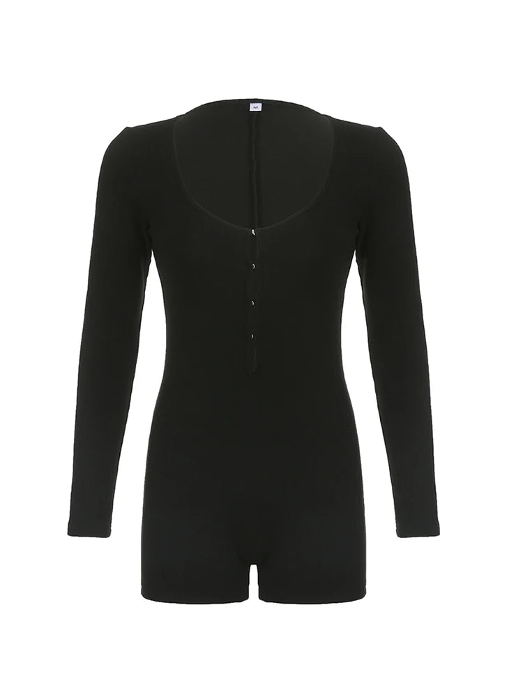 Hollow Hook Front Skinny Black Rompers Black O Neck Long Sleeve Autumn Winter Playsuit Basic Baddie Outfits