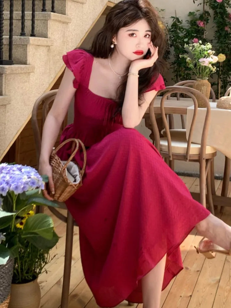 Midi Dresses for Summer New Square Collar High Waist Princess Party Dress A-line Vestido Mujer