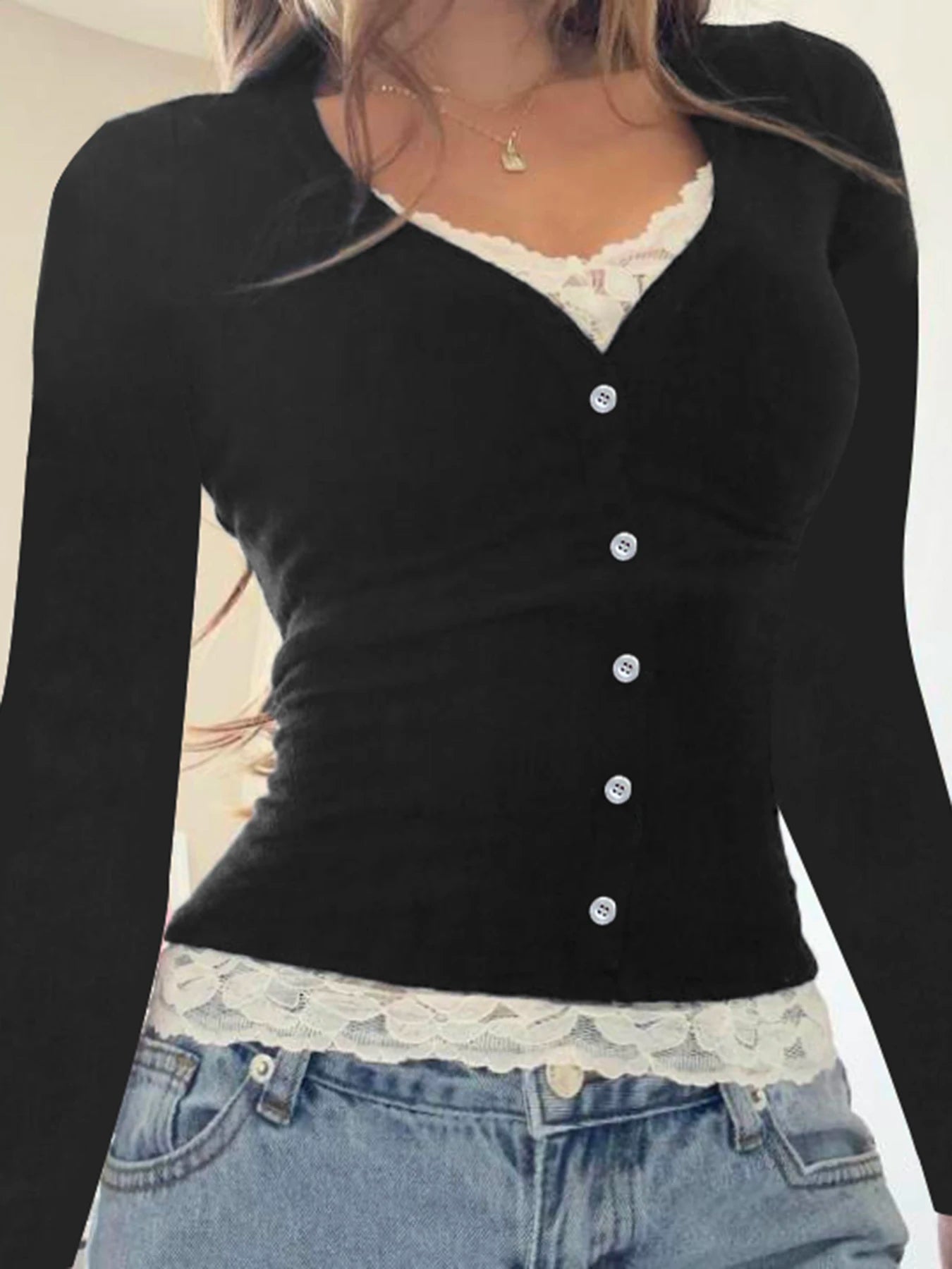 Contrast Lace Patchwork Y2k Slim Long Sleeve Black T-shirts Button Up V Neck Basic Spring Autumn Tee