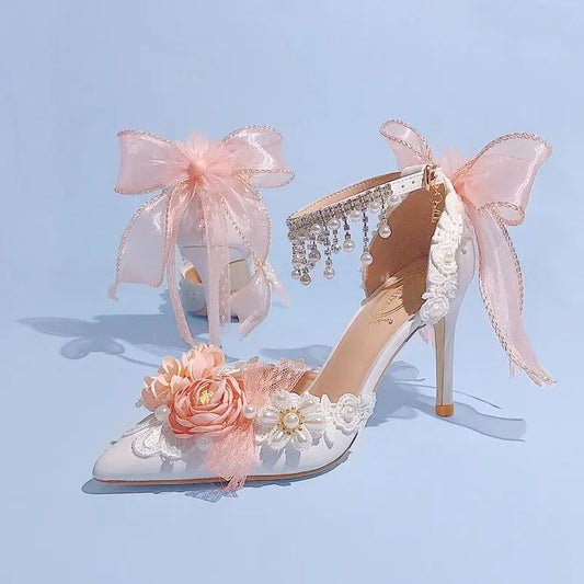 Lolita Brode Shoes New Pearl Rhinestone Pink High Heels for Sweet Flower Knot Bridal Wedding Shoes