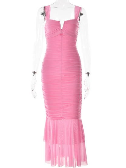 Hollow Out Backless Ruched Maxi Dress for Mesh Spaghetti Strap Sleeveless Bodycon Party Long Dress