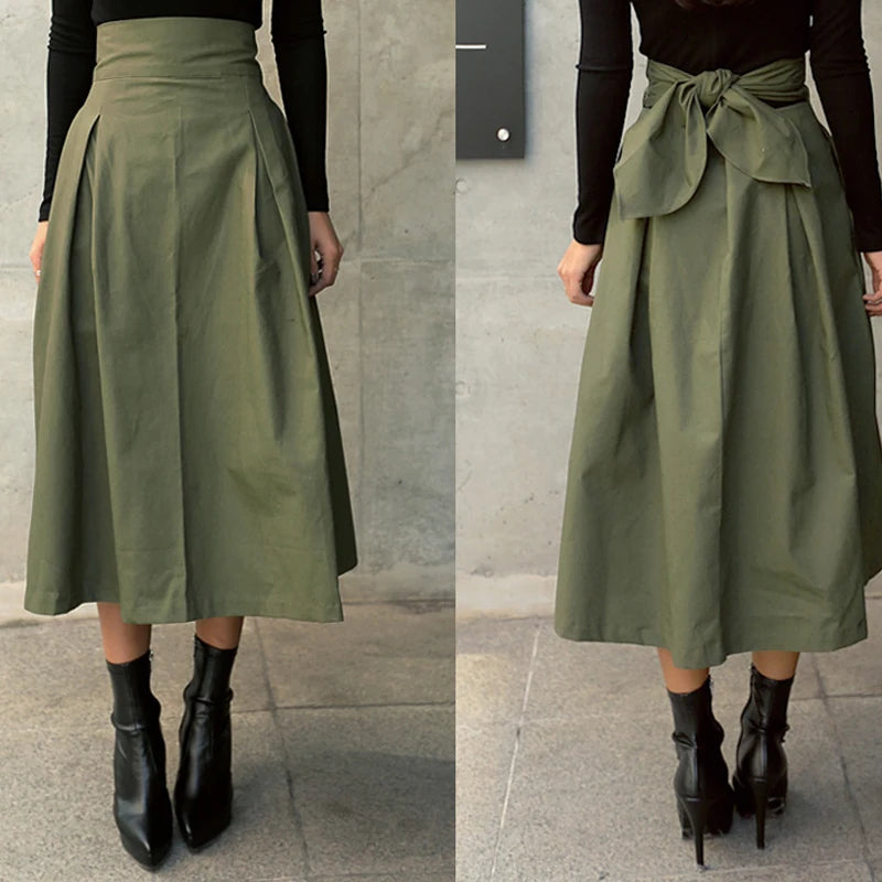 New Autumn Black Skirts Korean Color Big Swing Female Skirt Long Skirt Wild High Waist Bow Slim Skirts