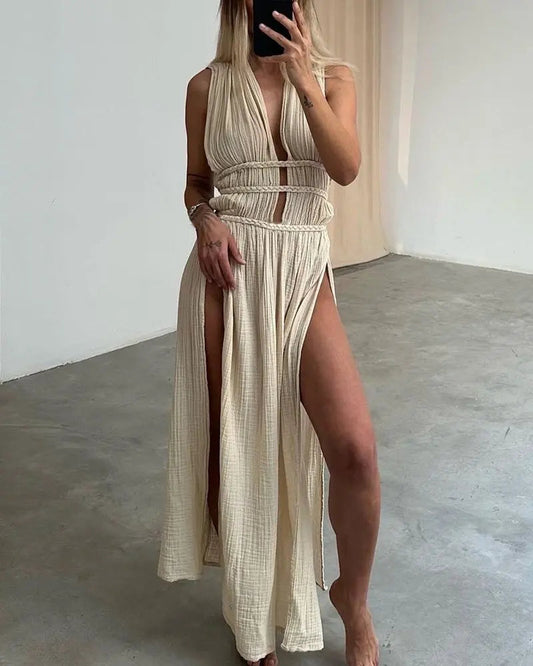 New Summer Hollow Out Dress Off Shoulder Backless High Split Long Dresses Lady Beach Wear Robes