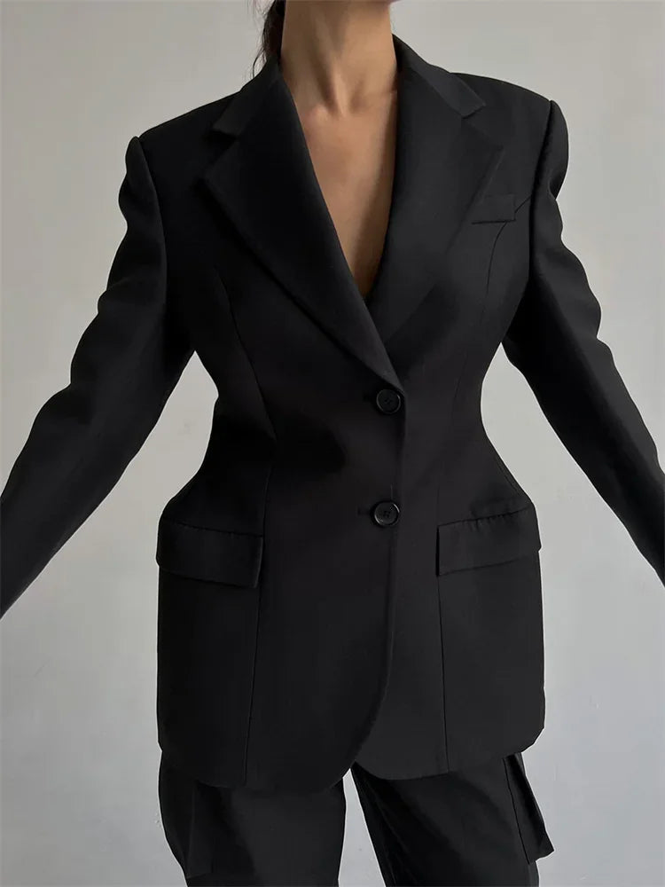 Black Lapel Suit Outwear for Pocket Long Sleeve Commute Patchwork Coat Female High Waist Autumn Blazers