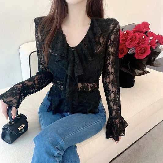 Y2k Lace Blouse Coquette Clothes Sheer See Through Ruffle Flared Long Sleeve Shirt Top 2000s Clothing