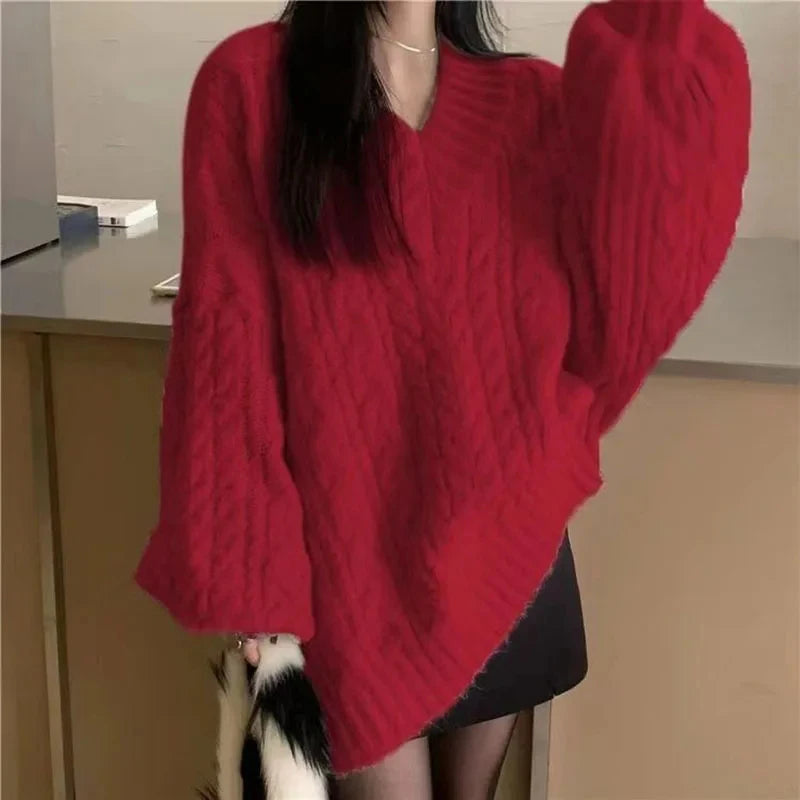 Autumn Winter Sweater Harajuku Oversized Knitted Pullovers Korean Long Sleeve V Neck Knitwear Preppy Loose Jumper