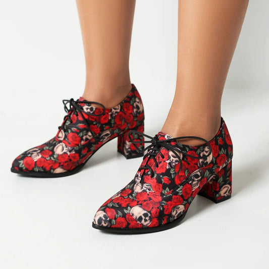 Style Printed Fabric Lace Up High Heeled Shoes Round Toe Cross Tied Spring Autumn New Pumps Oxfords 3548